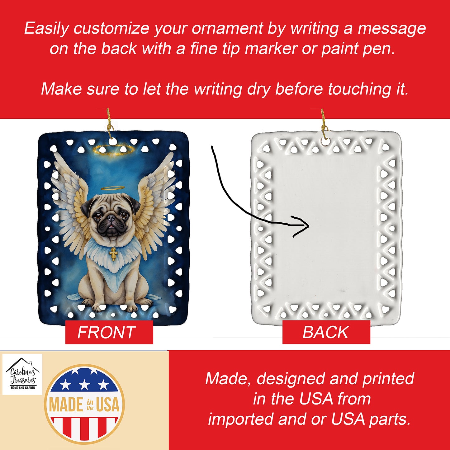 Pug My Angel Porcelain Ornament