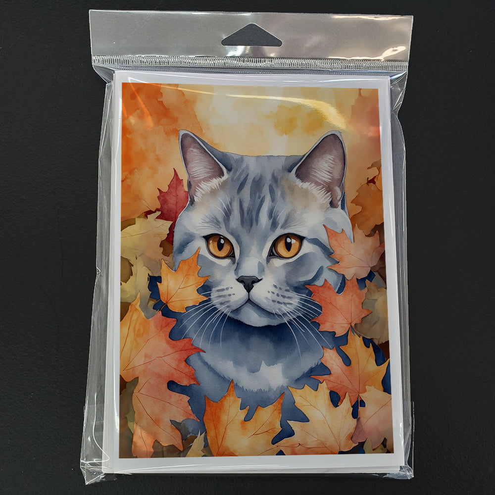 British Shorthair Cat in Fall Leaves Greeting Cards Pack of 8
