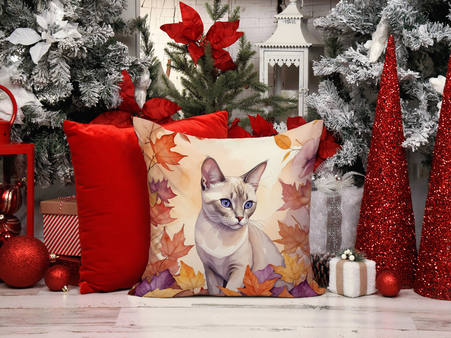 Thai Lilac Cat in Fall Leaves Throw Pillow