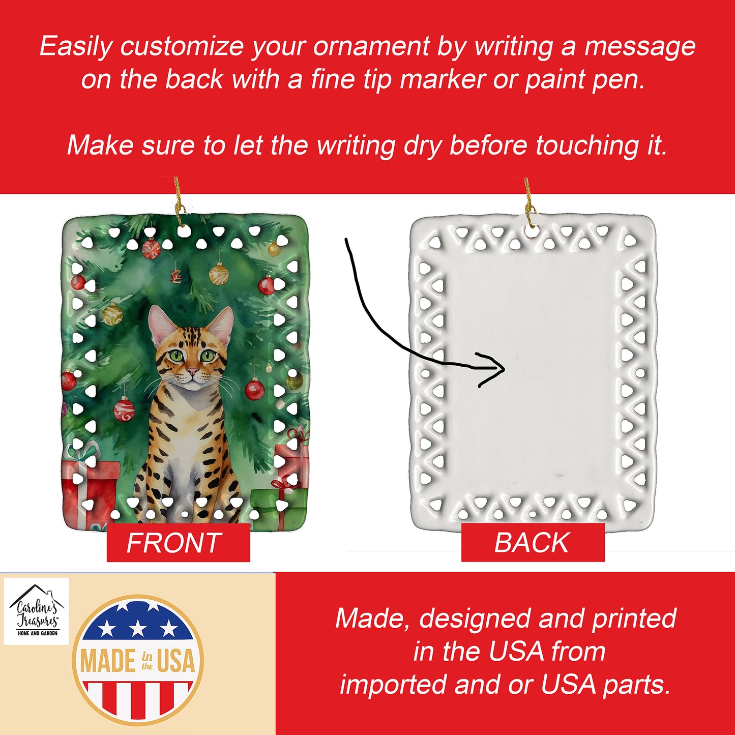 Bengal Cat By the Christmas Tree Porcelain Ornament