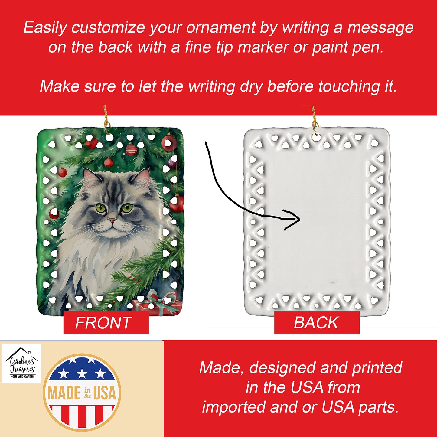 British Longhair Cat By the Christmas Tree Porcelain Ornament
