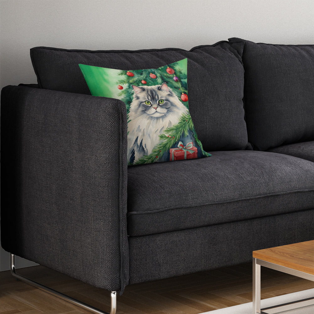 British Longhair Cat By the Christmas Tree Throw Pillow