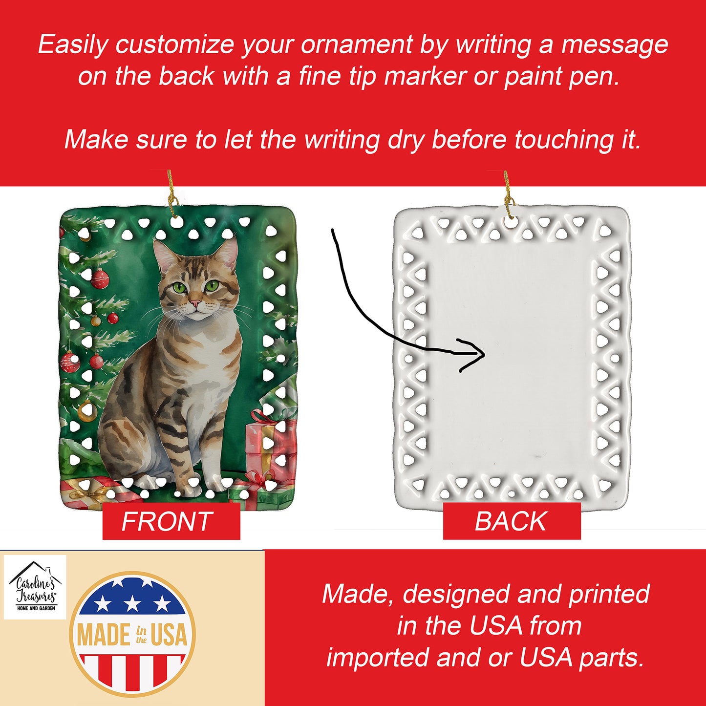 California Spangled Cat By the Christmas Tree Porcelain Ornament