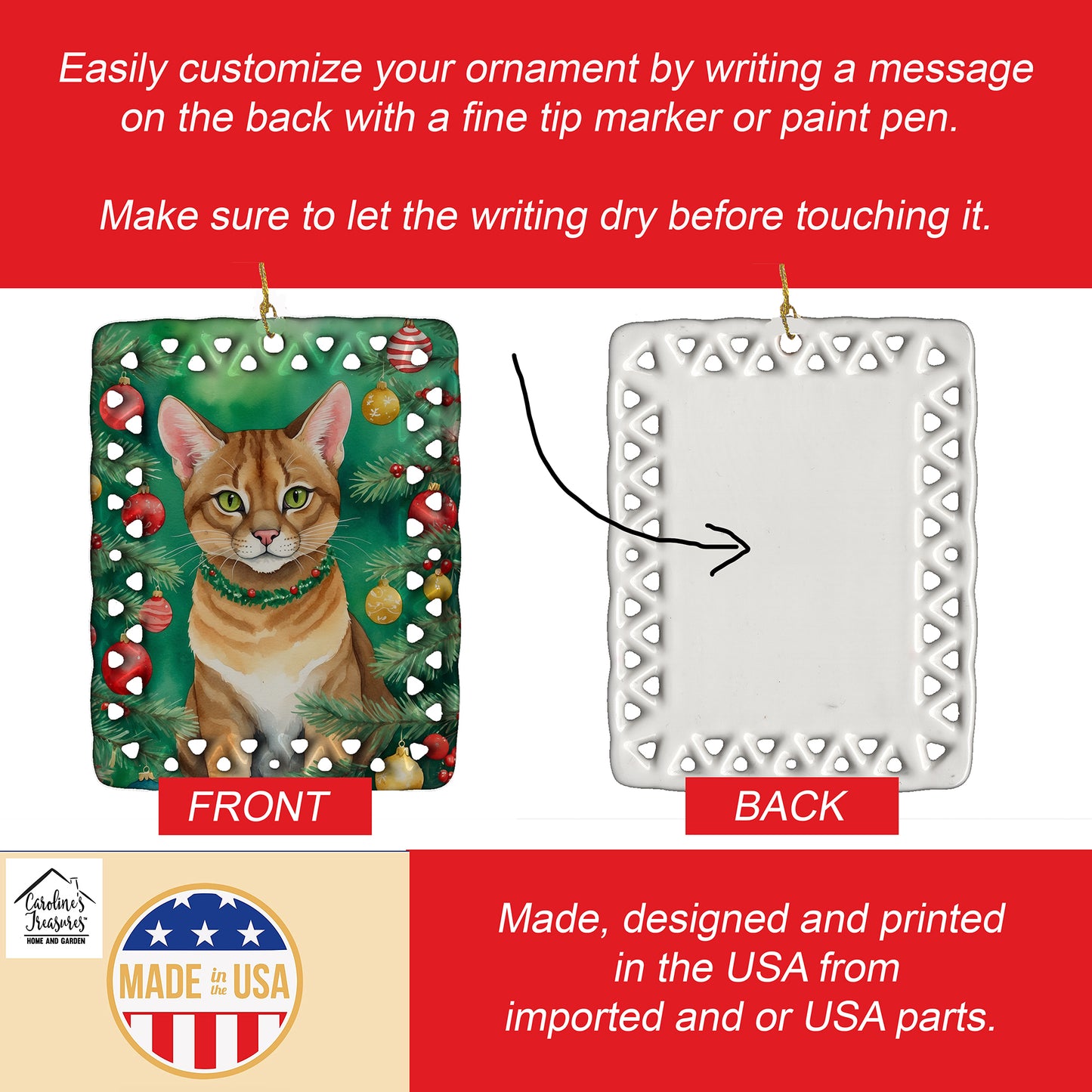 Chausie Cat By the Christmas Tree Porcelain Ornament
