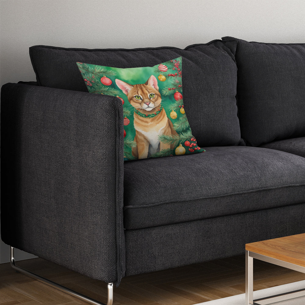 Chausie Cat By the Christmas Tree Throw Pillow
