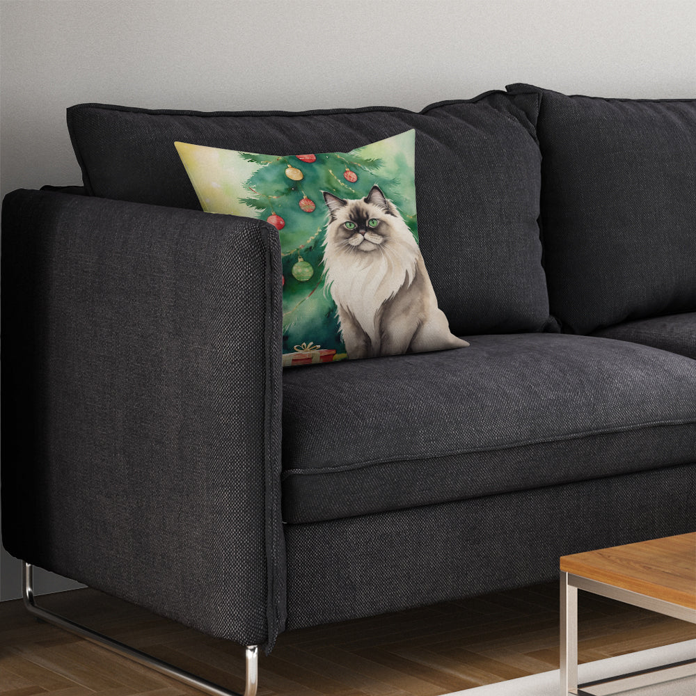 Colorpoint Longhair Cat By the Christmas Tree Throw Pillow