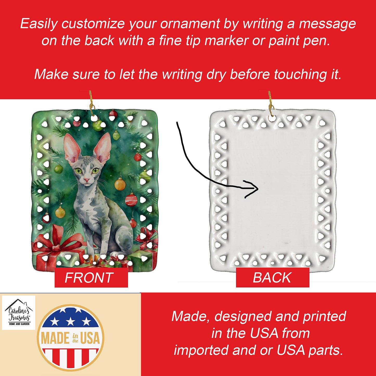 Cornish Rex Cat By the Christmas Tree Porcelain Ornament