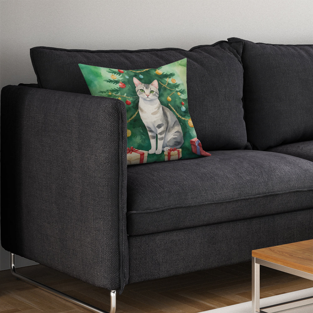 European Shorthair Cat By the Christmas Tree Throw Pillow