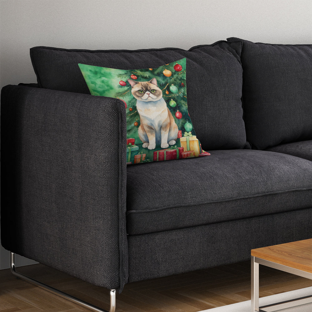 Exotic Shorthair Cat By the Christmas Tree Throw Pillow