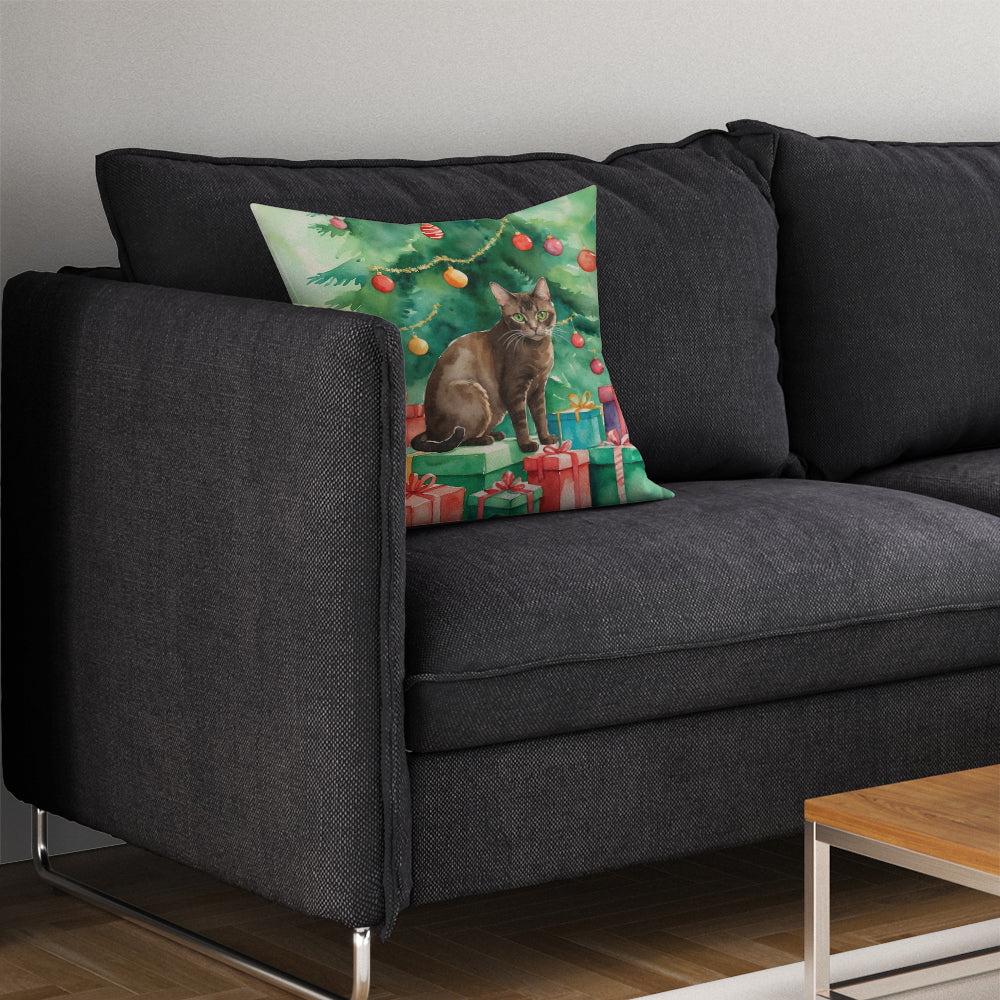 Havana Brown Cat By the Christmas Tree Throw Pillow