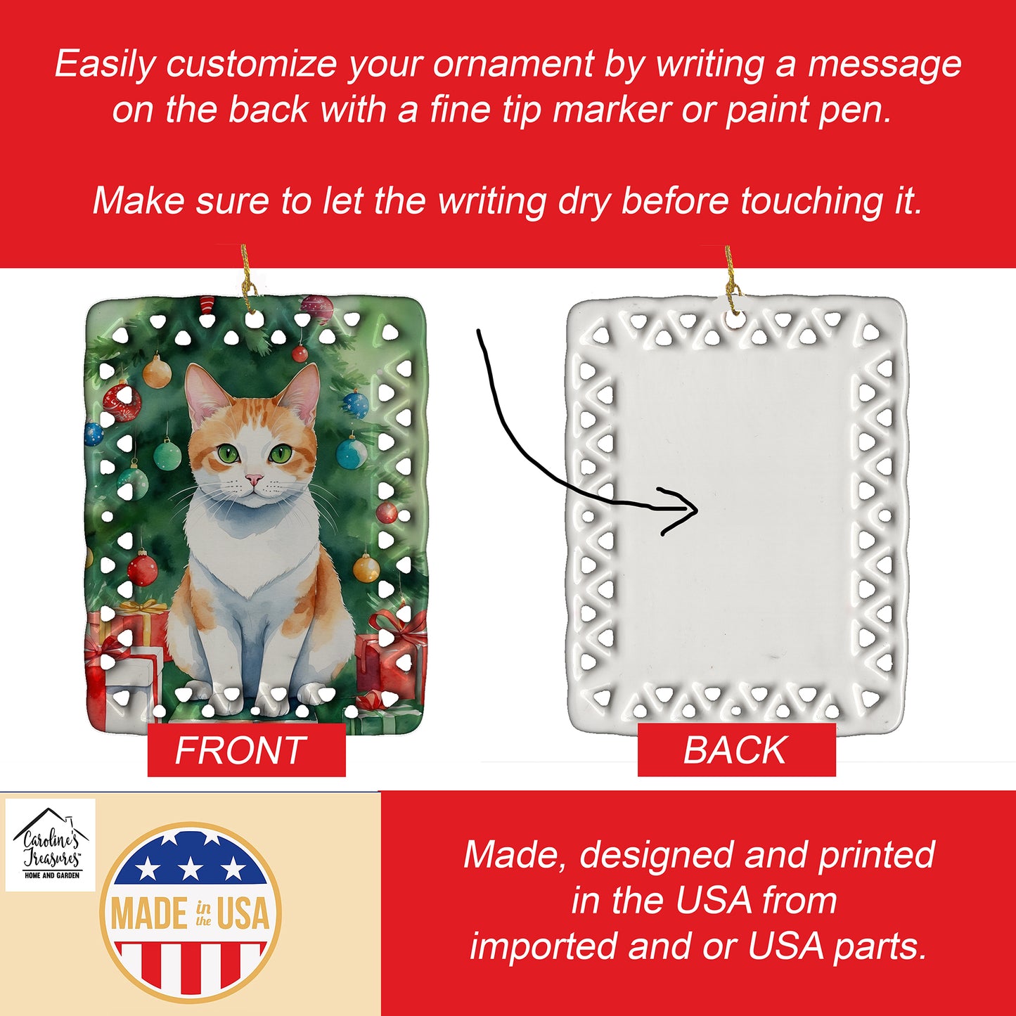 Japanese Bobtail Cat By the Christmas Tree Porcelain Ornament