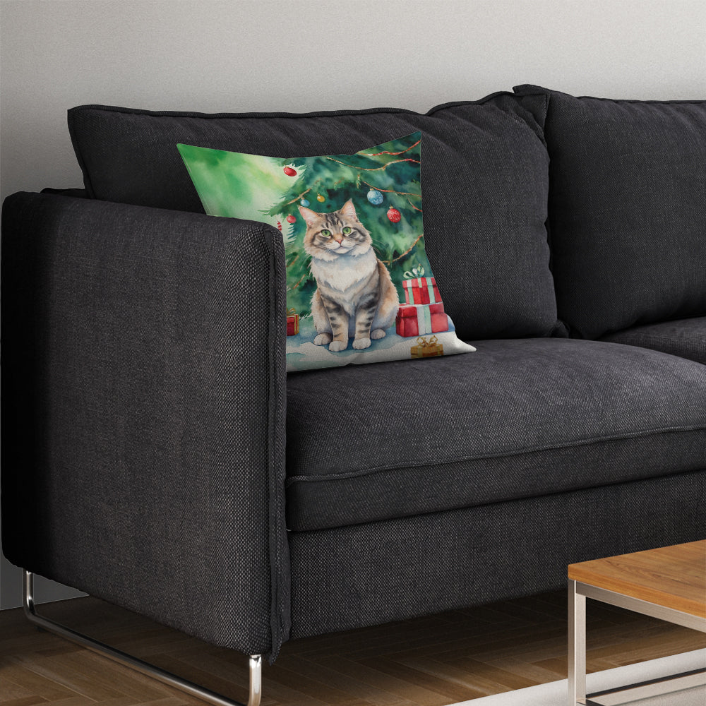 Kurilian Bobtail Cat By the Christmas Tree Throw Pillow