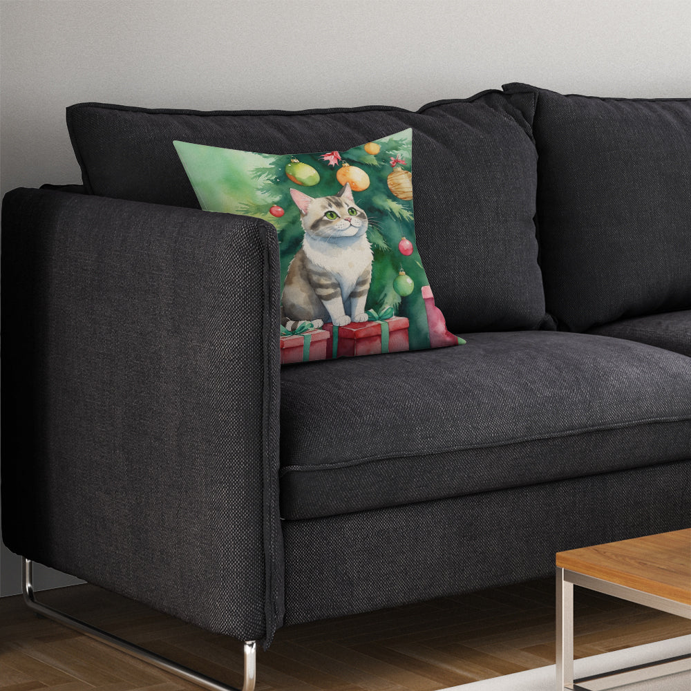 Li Hua Cat By the Christmas Tree Throw Pillow