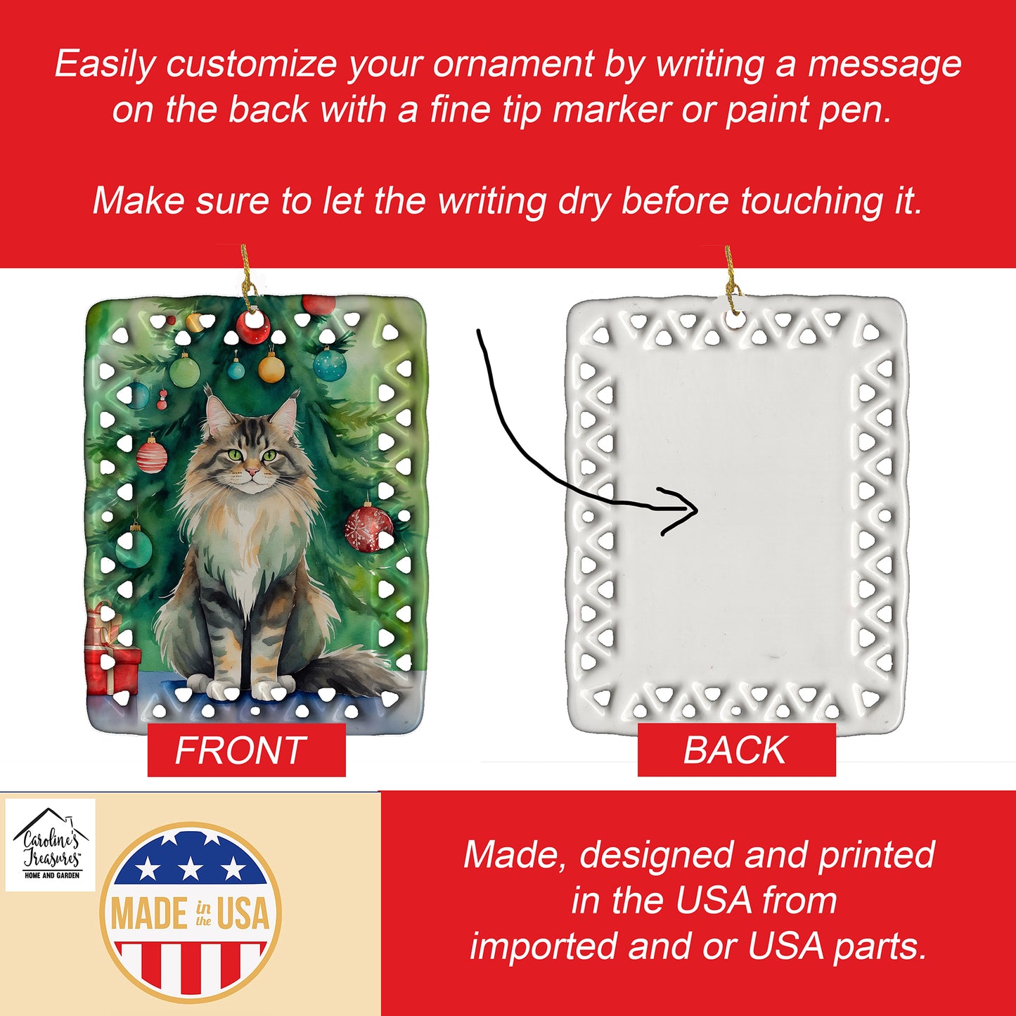 MaineCoon Cat By the Christmas Tree Porcelain Ornament