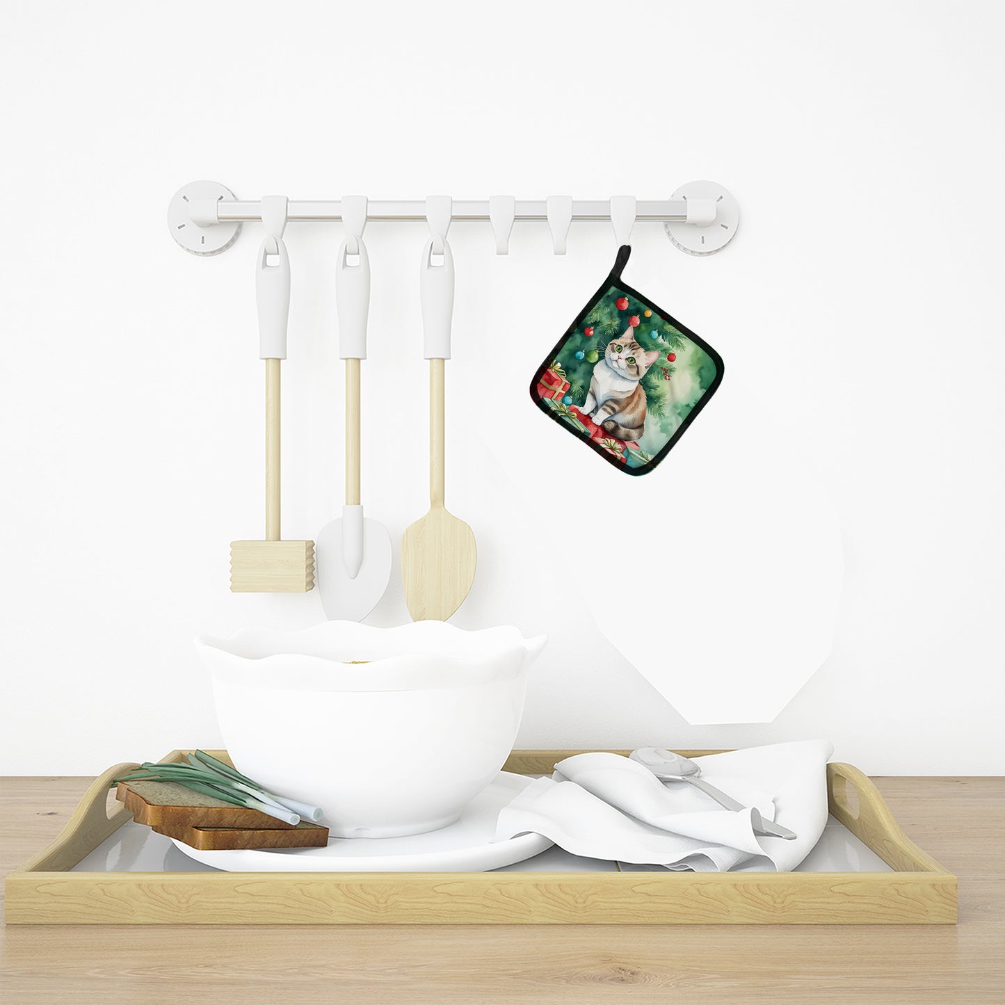 Munchkin Cat By the Christmas Tree Pair of Pot Holders