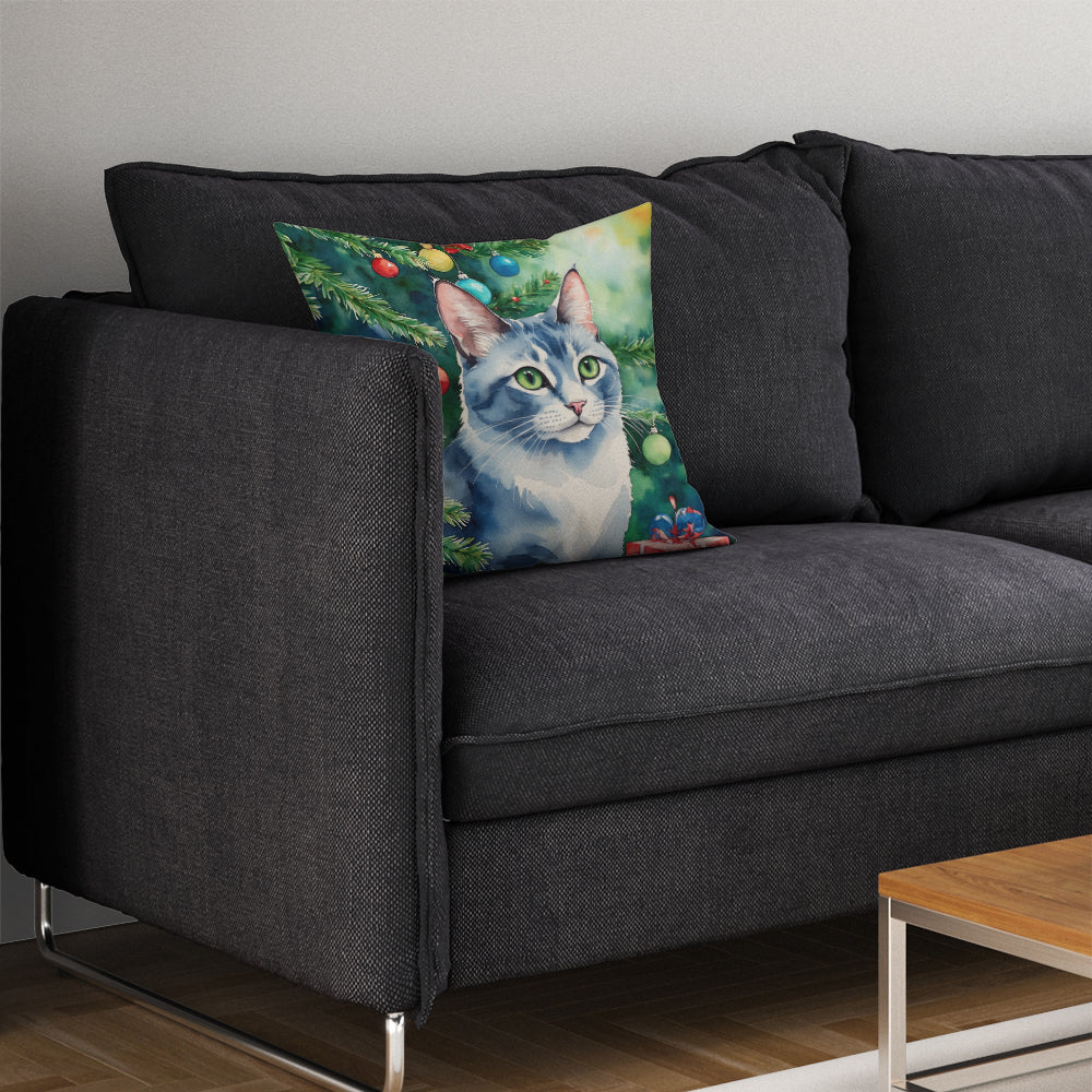 Ojos Azules Cat By the Christmas Tree Throw Pillow