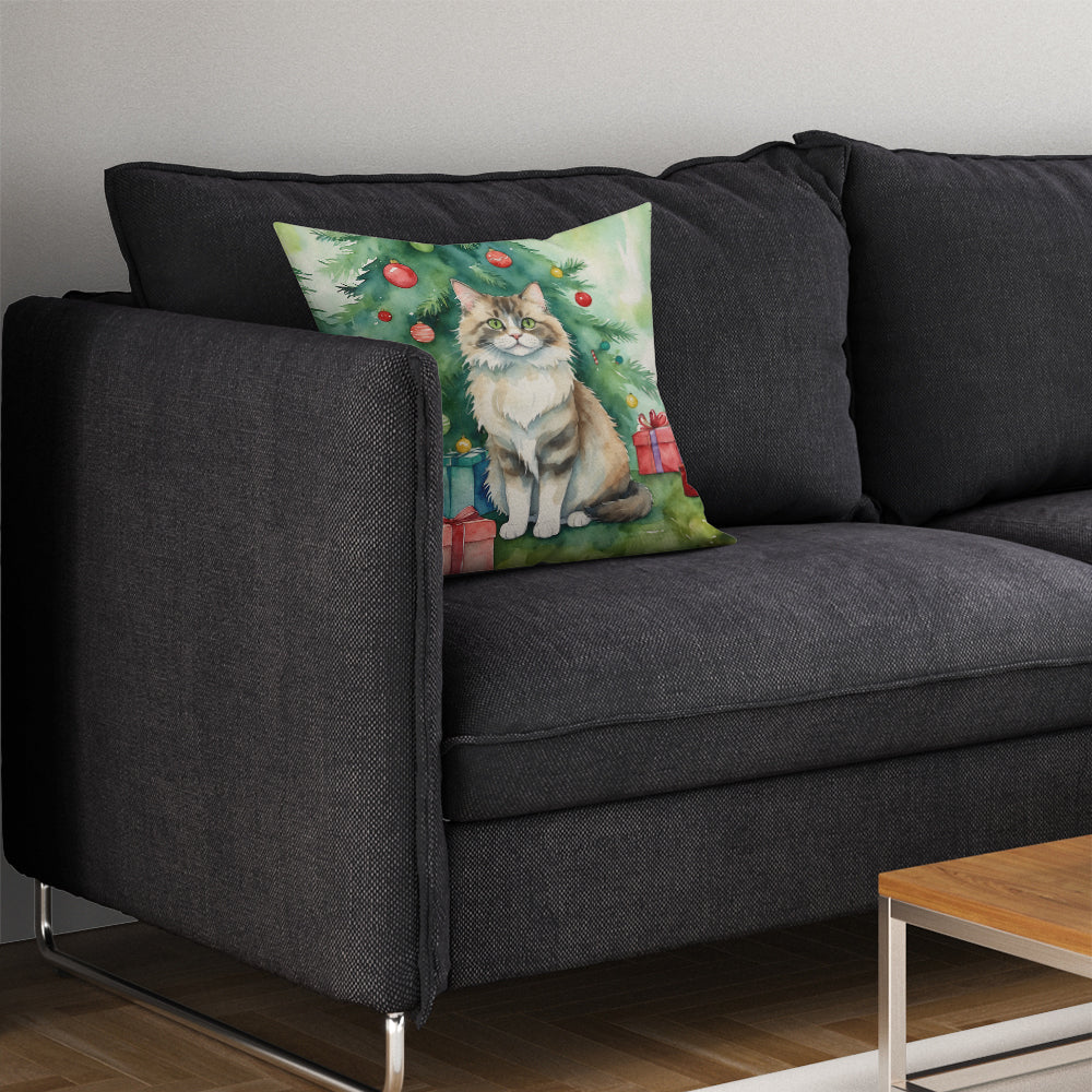 Ragamuffin Cat By the Christmas Tree Throw Pillow