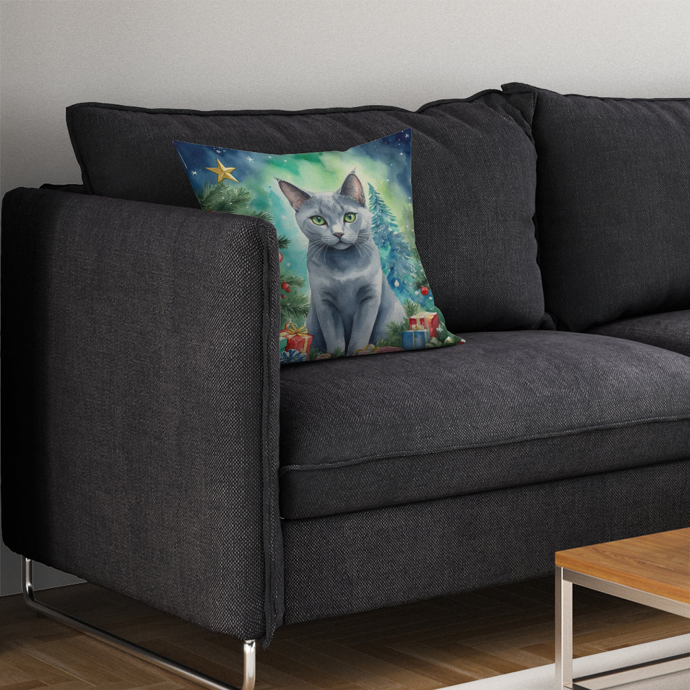 Russian Blue Cat By the Christmas Tree Throw Pillow