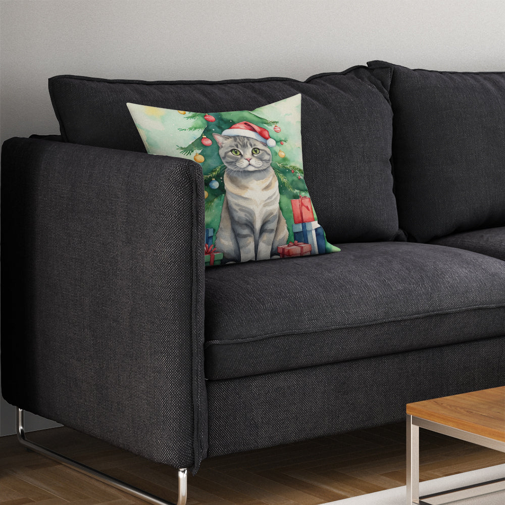 Scottish Fold Cat By the Christmas Tree Throw Pillow
