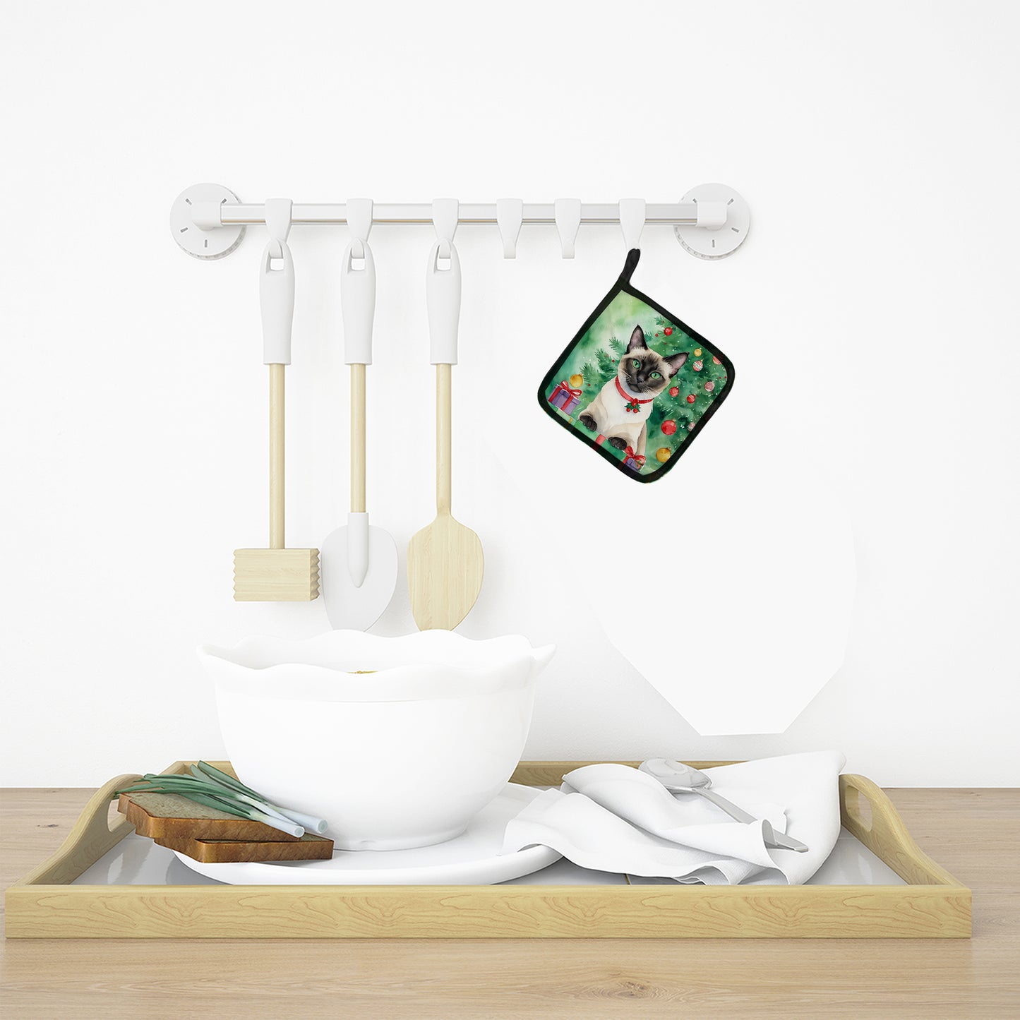 Siamese Cat By the Christmas Tree Pair of Pot Holders