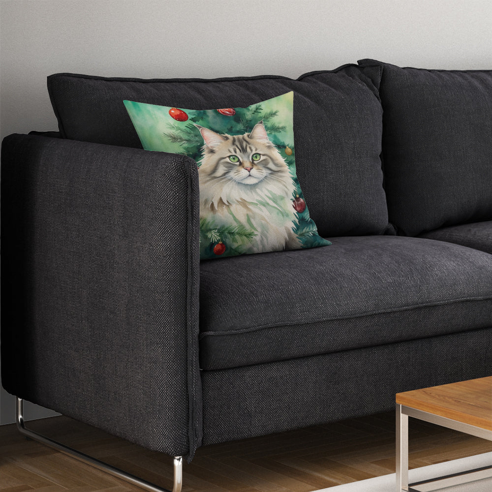 Siberian Cat By the Christmas Tree Throw Pillow