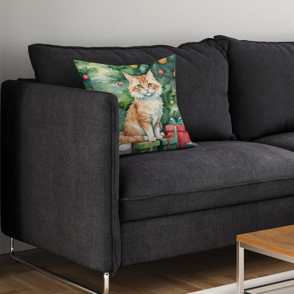 Skookum Cat By the Christmas Tree Throw Pillow