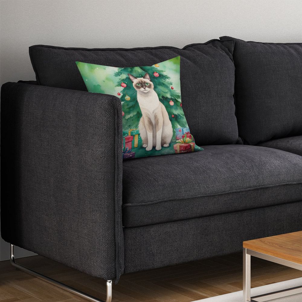 Snowshoe Cat By the Christmas Tree Throw Pillow