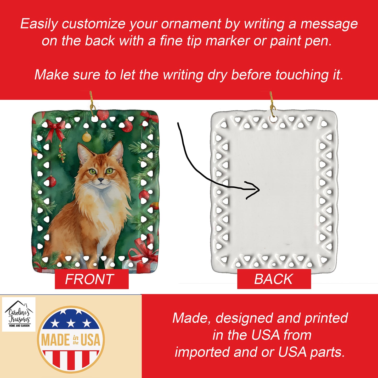 Somali Cat By the Christmas Tree Porcelain Ornament