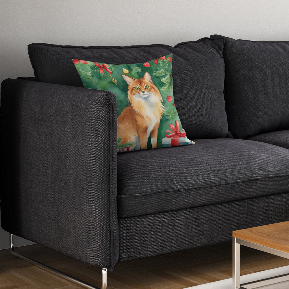 Somali Cat By the Christmas Tree Throw Pillow
