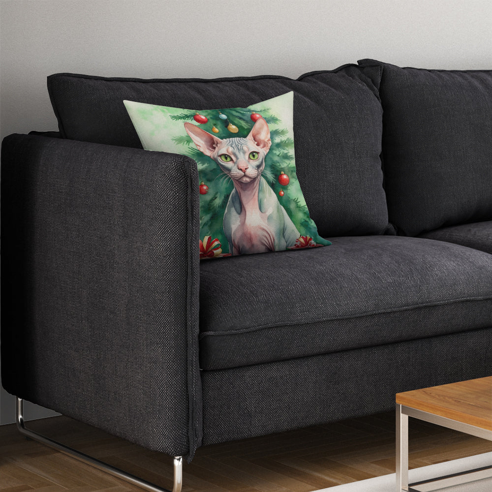 Sphynx Cat By the Christmas Tree Throw Pillow