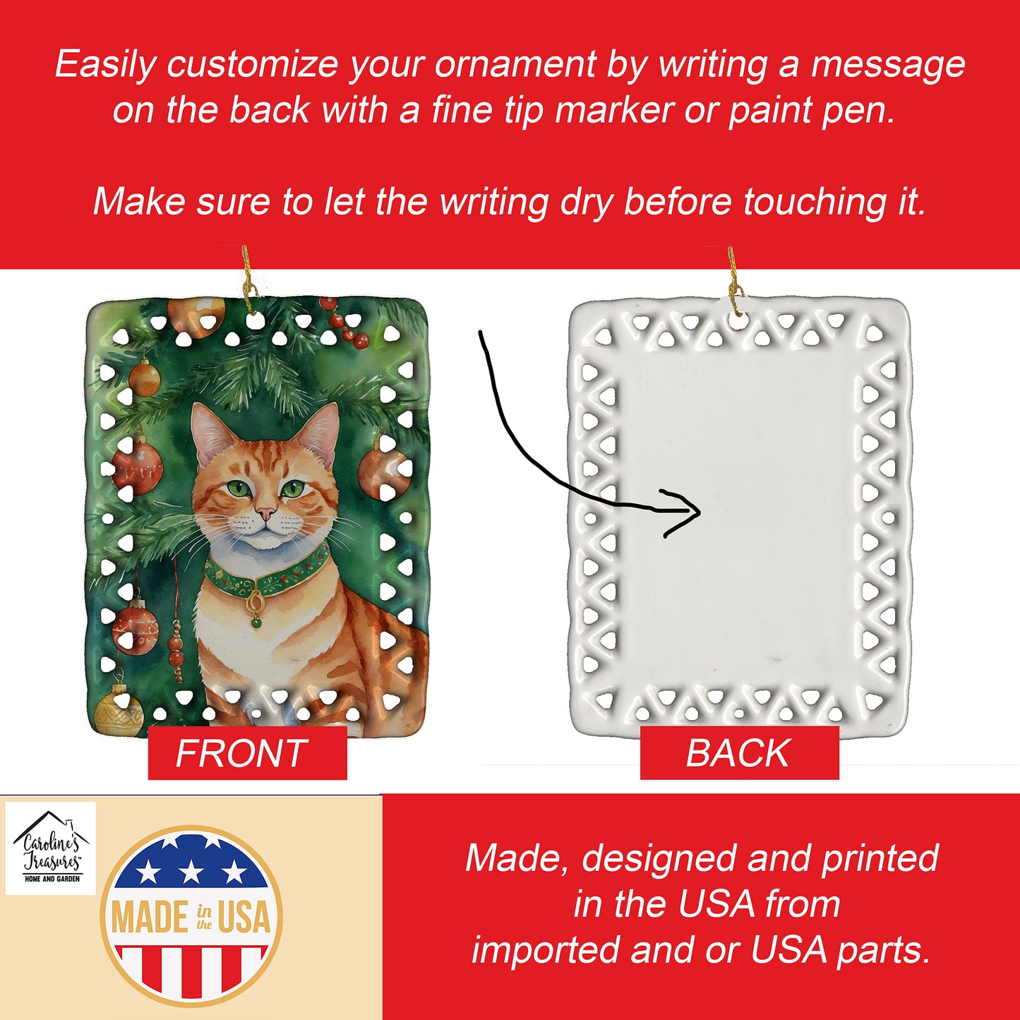 Suphalak Cat By the Christmas Tree Porcelain Ornament