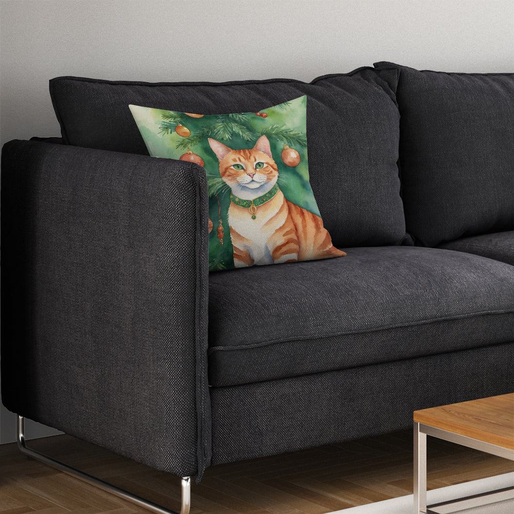 Suphalak Cat By the Christmas Tree Throw Pillow
