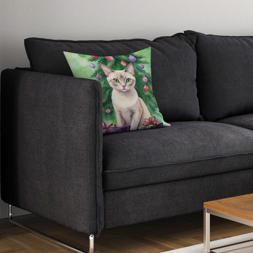 Thai Lilac Cat By the Christmas Tree Throw Pillow