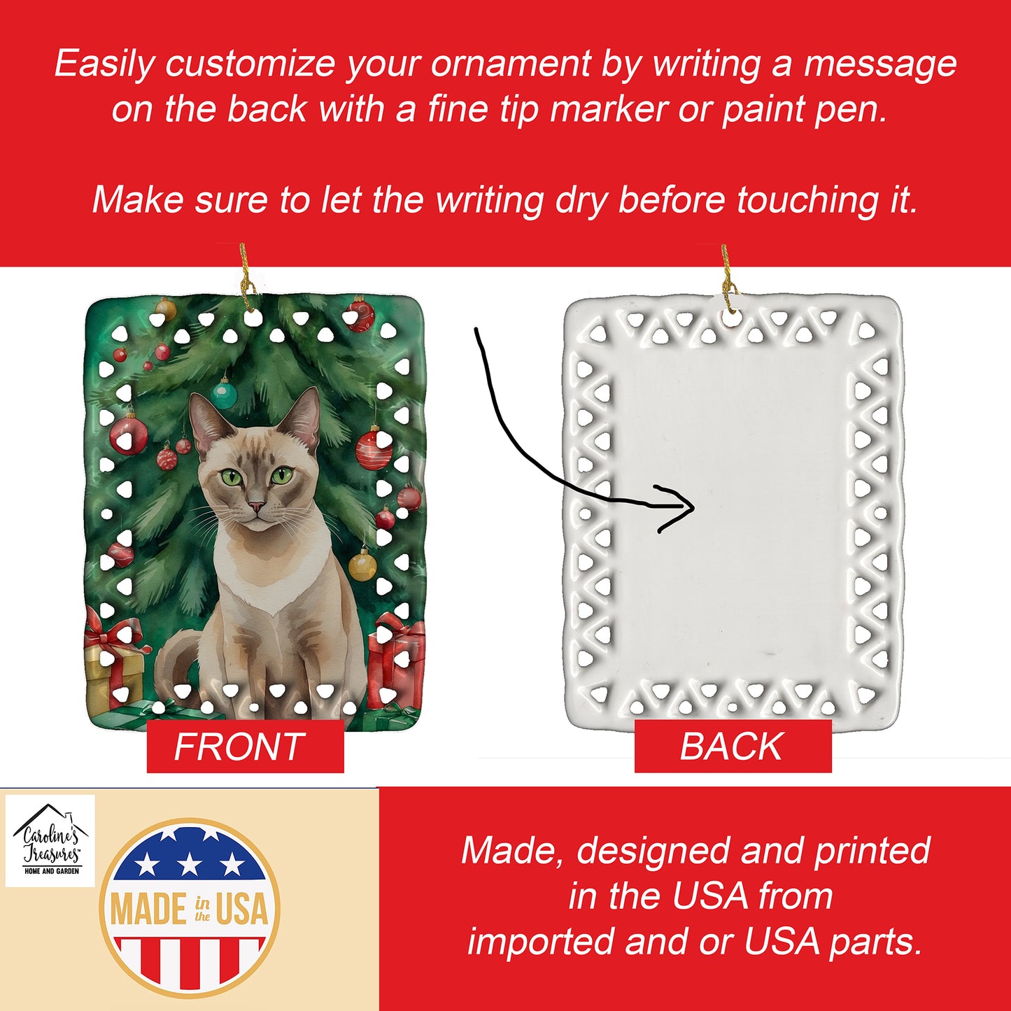 Tonkinese Cat By the Christmas Tree Porcelain Ornament