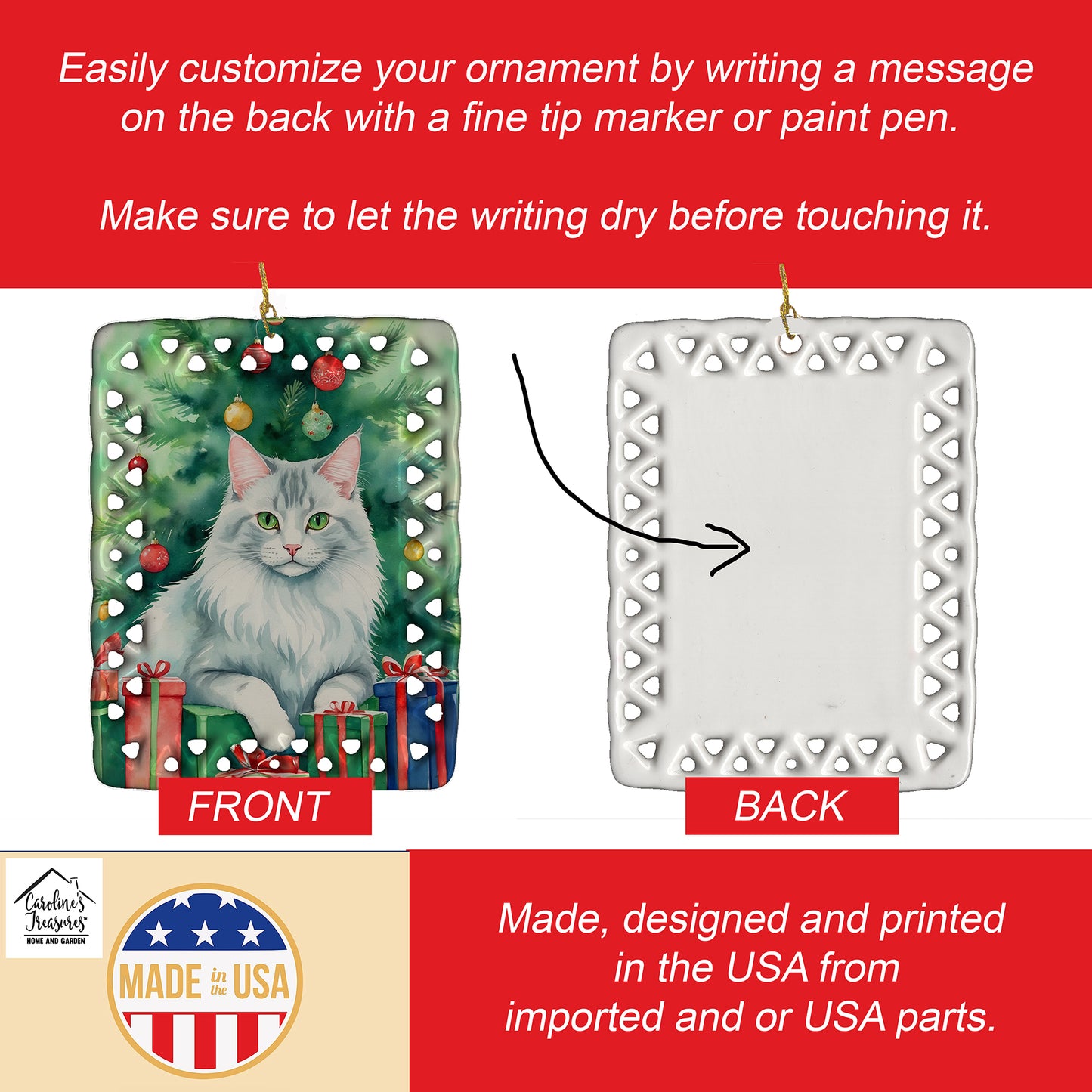 Turkish Angora Cat By the Christmas Tree Porcelain Ornament