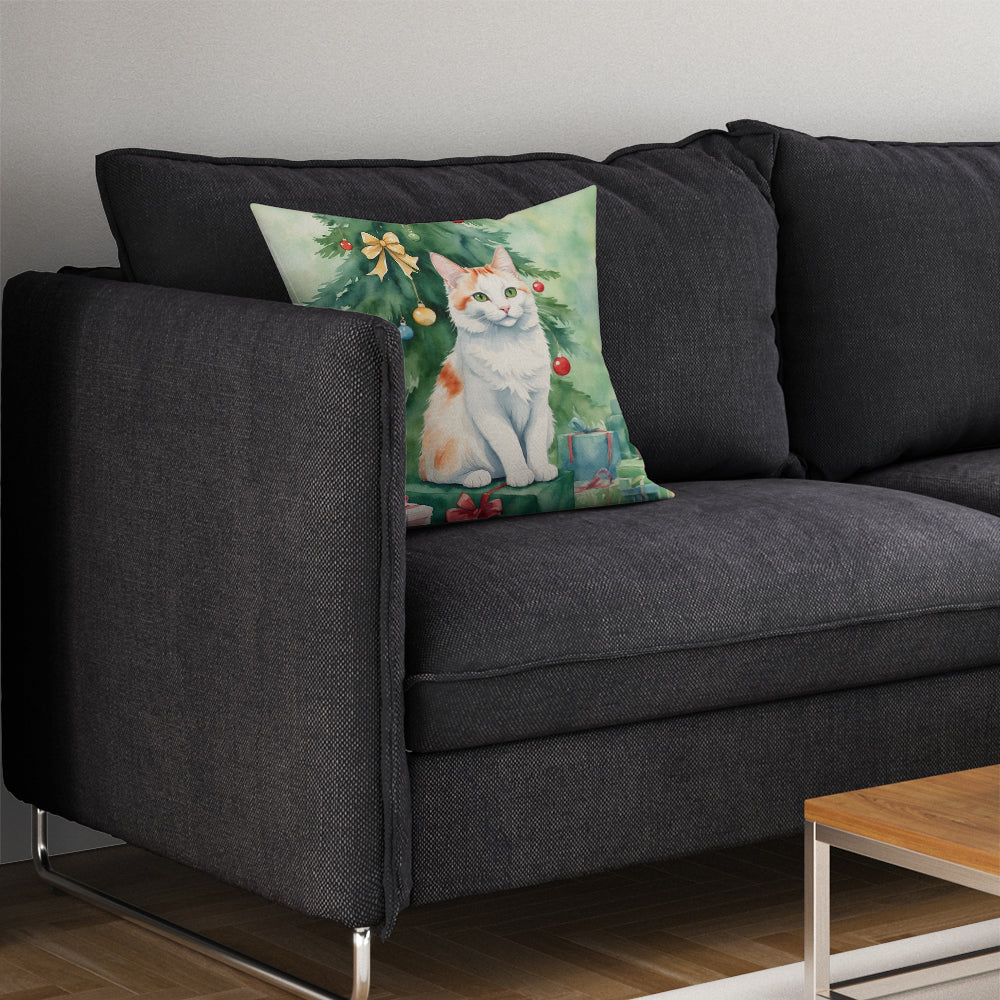 Turkish Van Cat By the Christmas Tree Throw Pillow