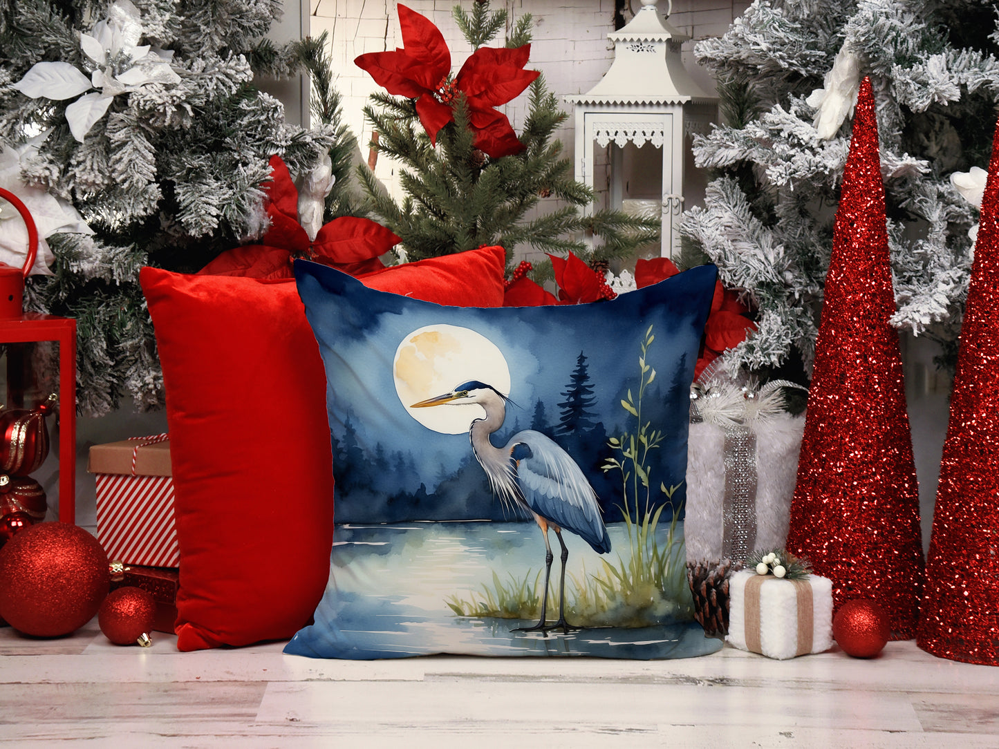 Blue Heron Under the Moonlight Throw Pillow