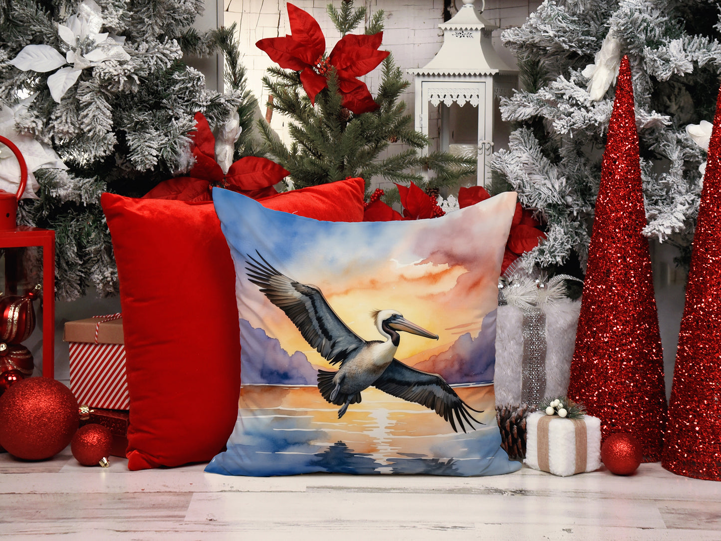 Pelican Fyling at Sunrise Throw Pillow