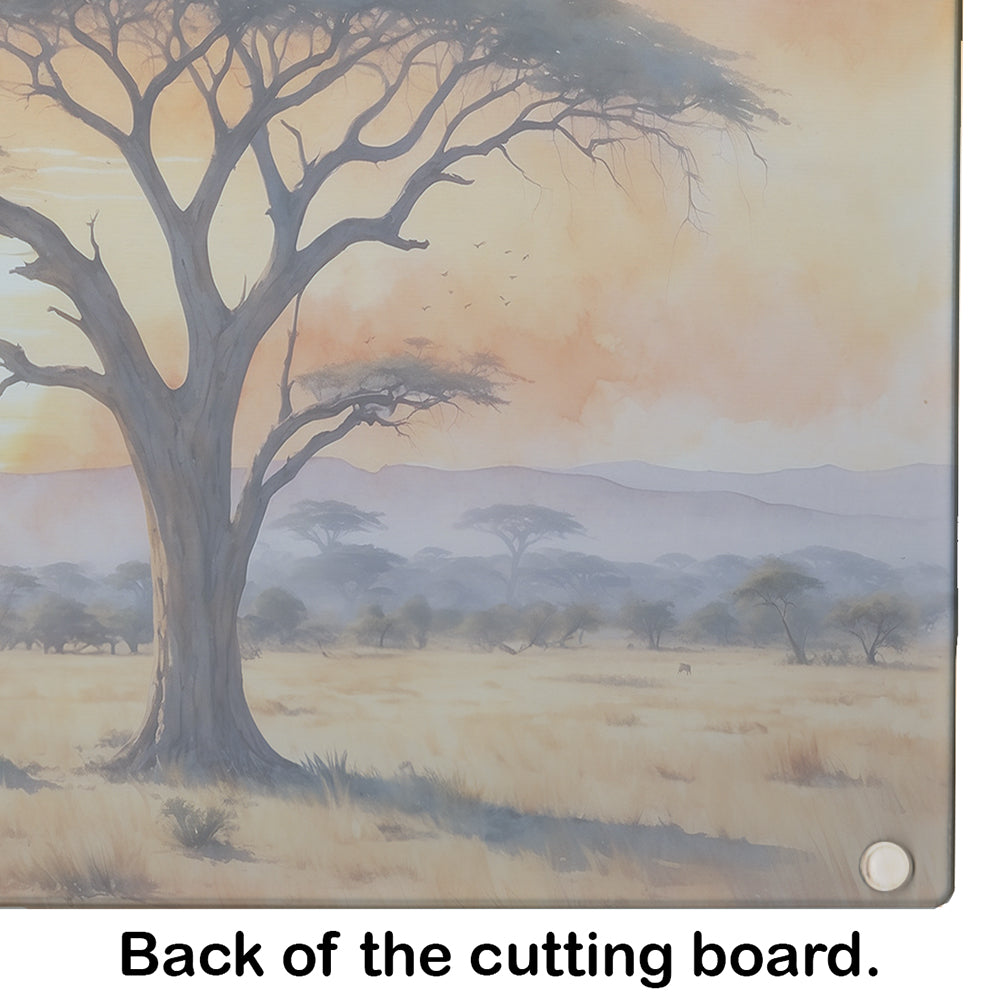 Elephants Savanna Sunrise Glass Cutting Board