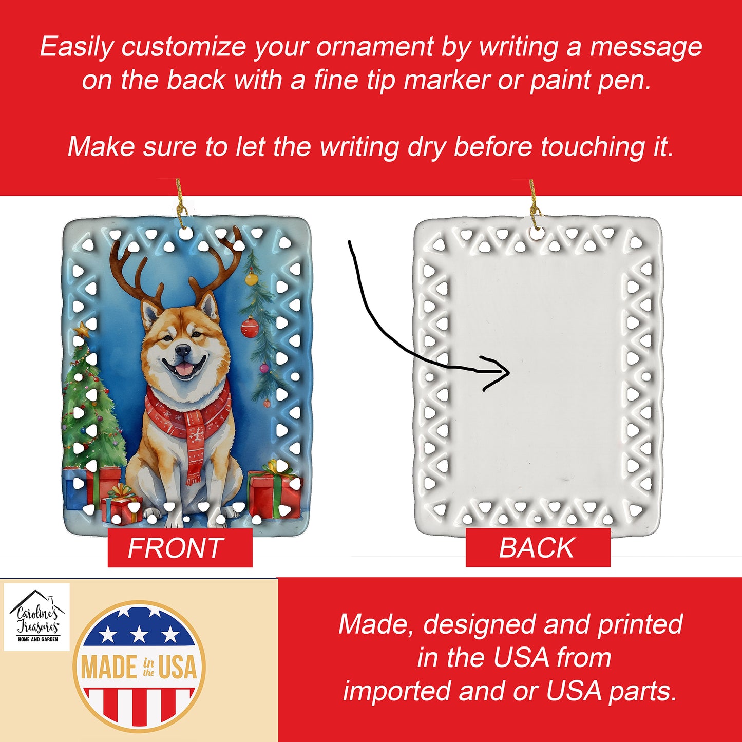 Akita Christmas Reindeer Porcelain Ornament