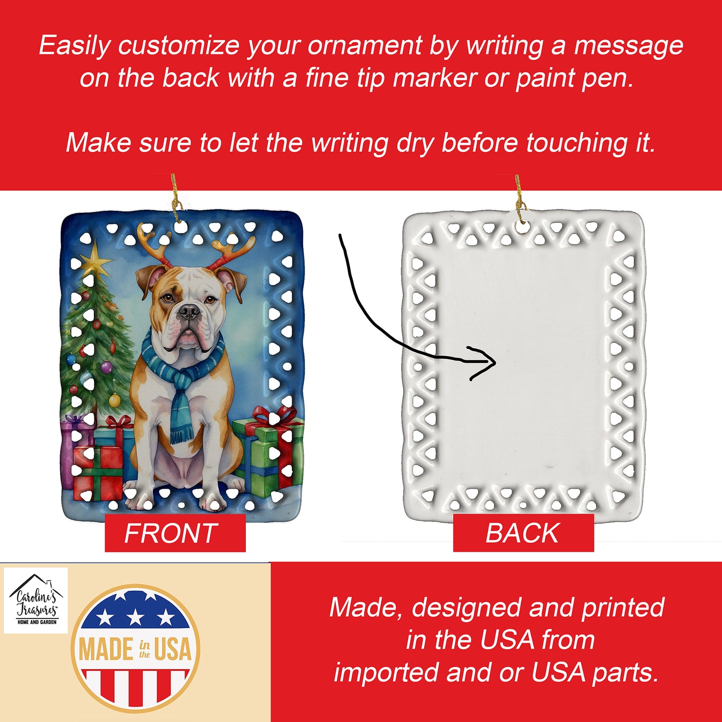 American Bulldog Christmas Reindeer Porcelain Ornament