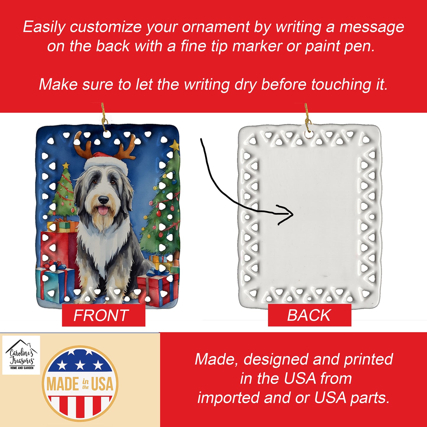 Bearded Collie Christmas Reindeer Porcelain Ornament