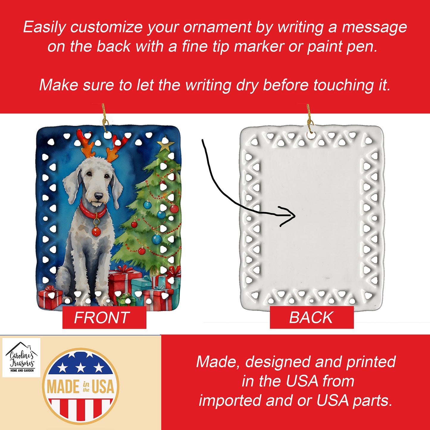 Bedlington Terrier Christmas Reindeer Porcelain Ornament