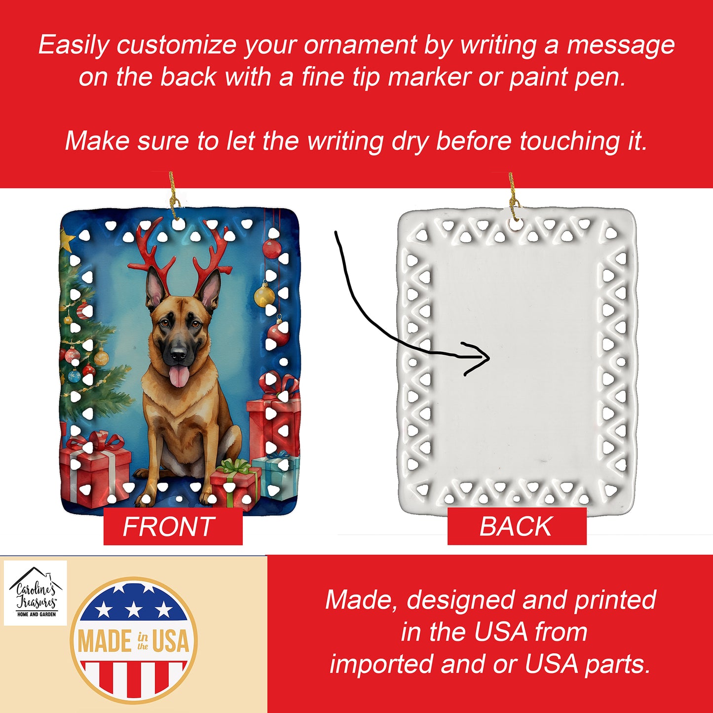 Belgian Malinois Christmas Reindeer Porcelain Ornament