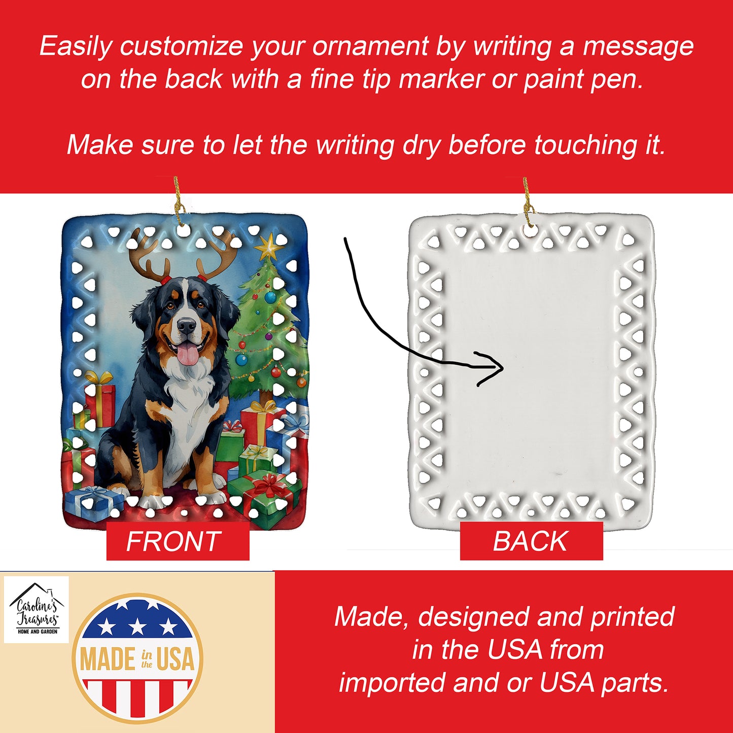 Bernese Mountain Dog Christmas Reindeer Porcelain Ornament