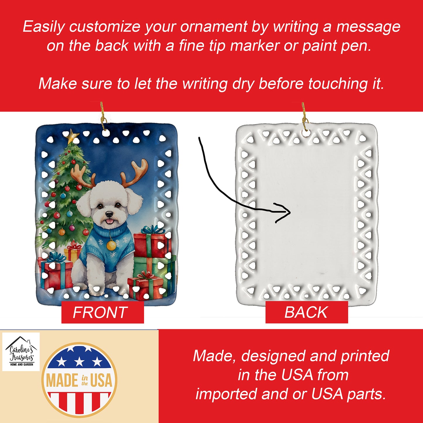 Bichon Frise Christmas Reindeer Porcelain Ornament