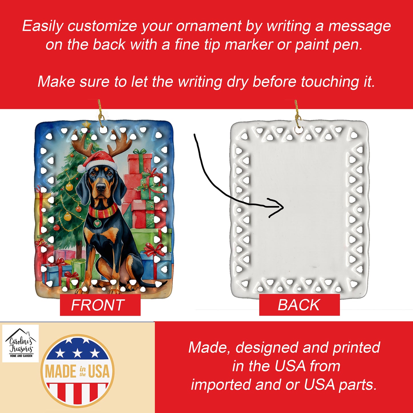 Black and Tan Coonhound Christmas Reindeer Porcelain Ornament