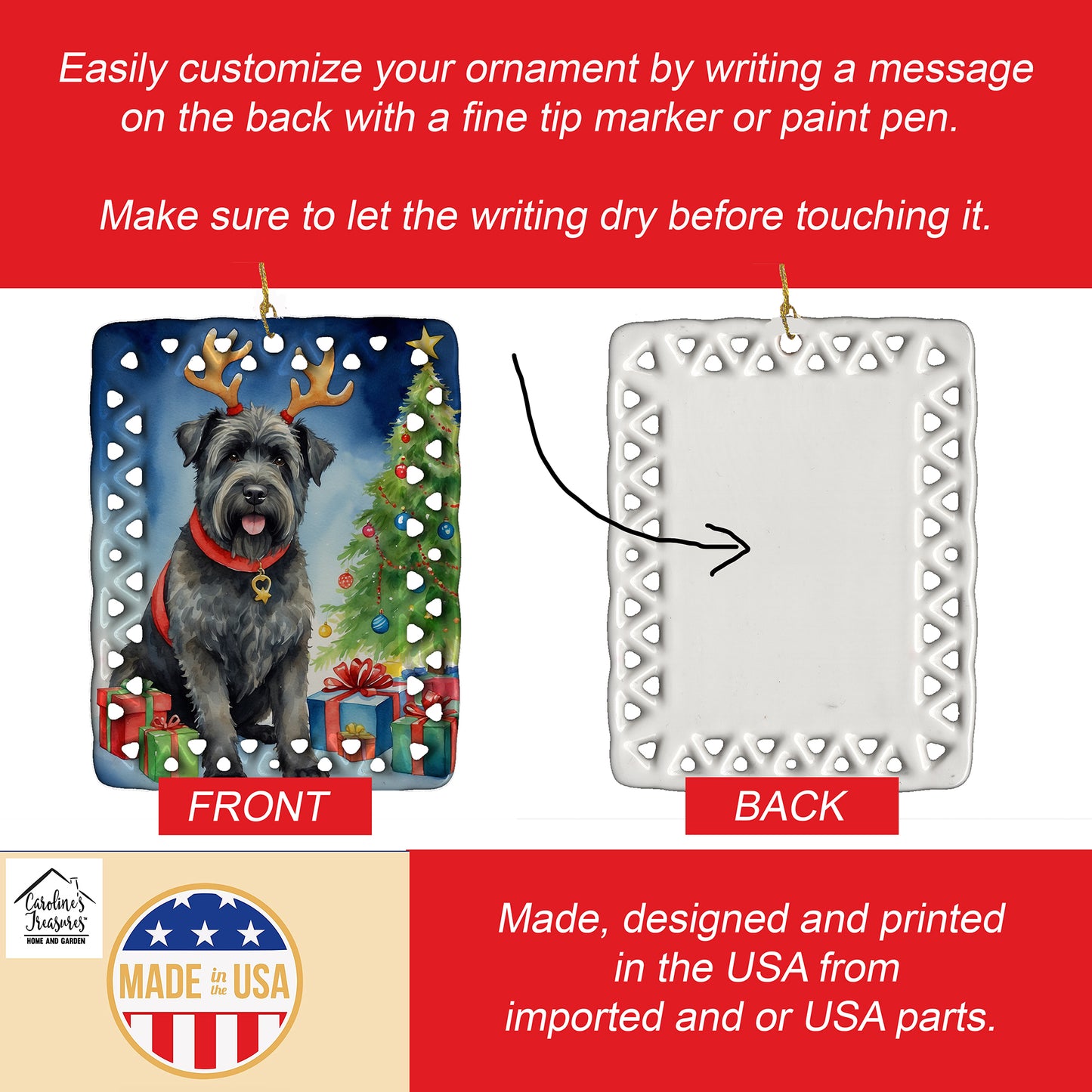 Bouvier des Flandres Christmas Reindeer Porcelain Ornament