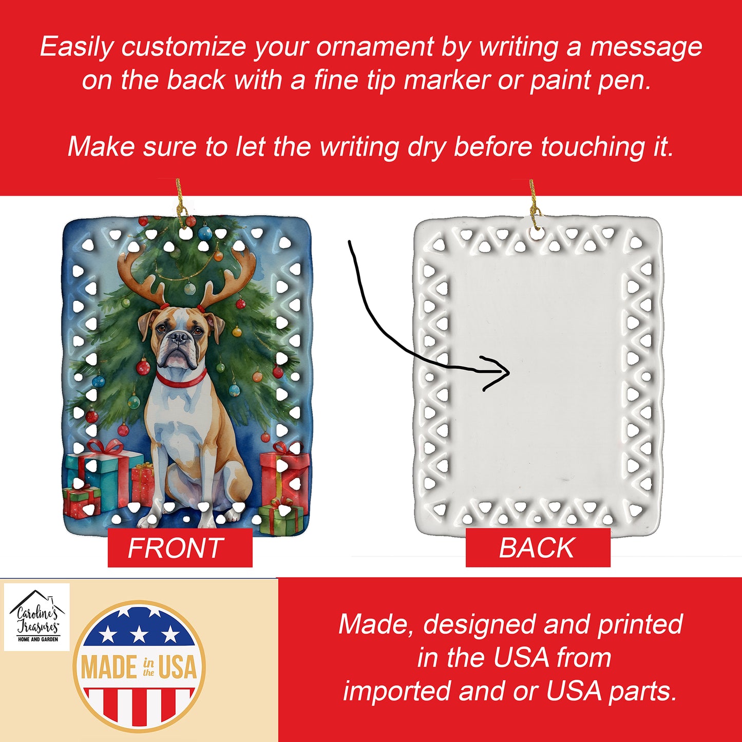 White Boxer Christmas Reindeer Porcelain Ornament