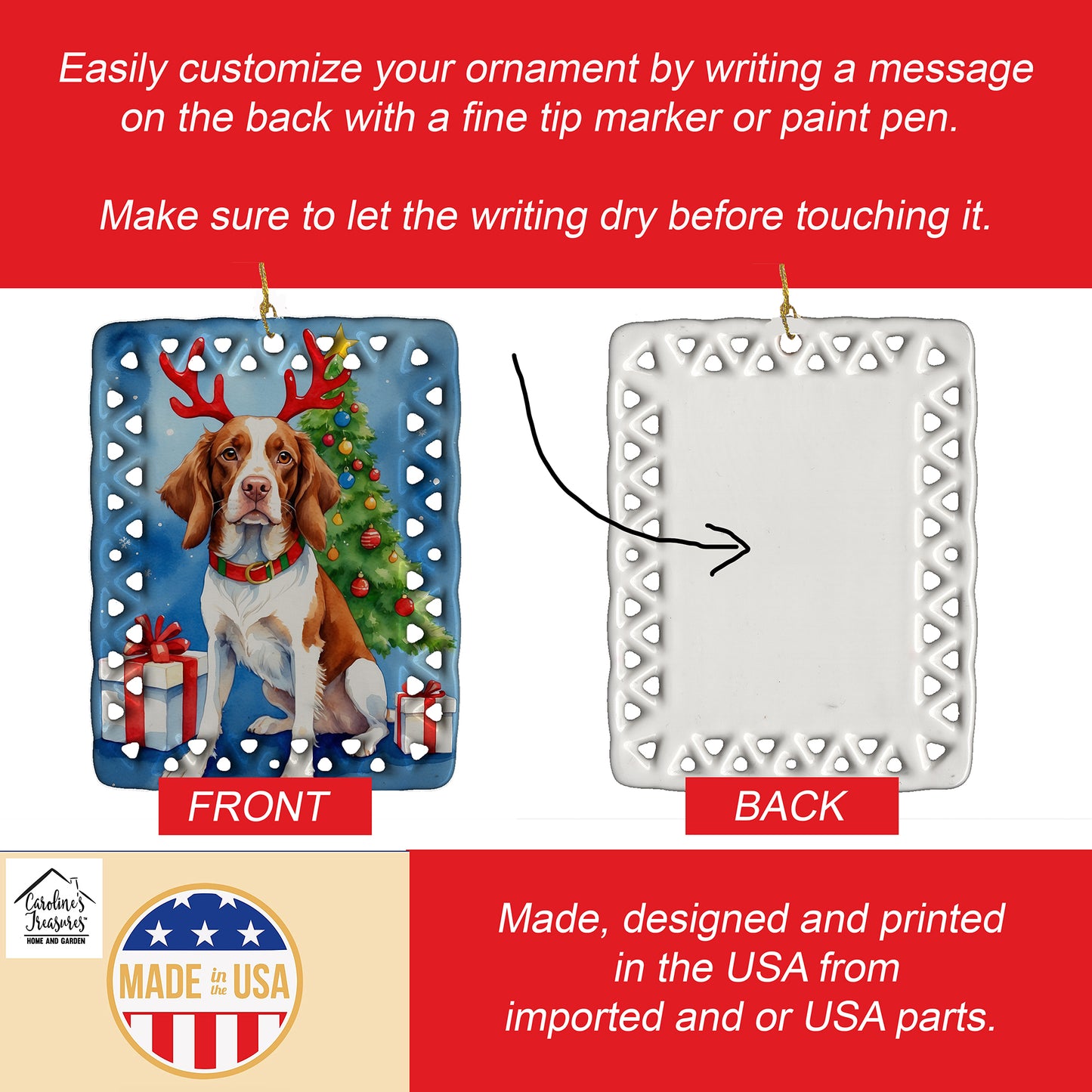 Brittany Spaniel Christmas Reindeer Porcelain Ornament